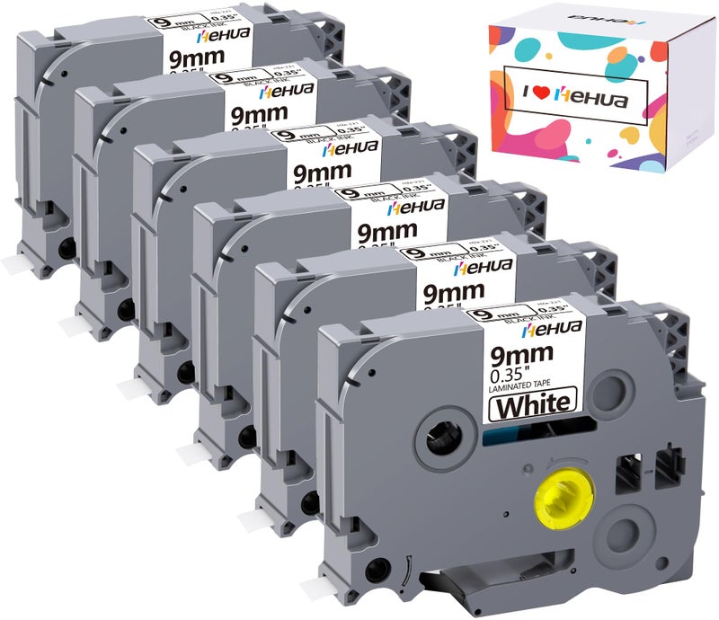 Hehua 6 Pack Tze Tz Tape 9mm 0.35 Laminated White Compatible for Brother TZe-221 TZe221 P Touch Label Maker Tape for Ptouch PT-D210 D200 D220 H110 H111 D400 D600 PT1290  Black on White - Image 1